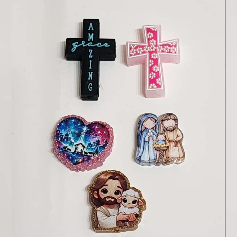 Religious Flatbacks Focal‎ Beads for Review Cross God Jesus Badge Christian